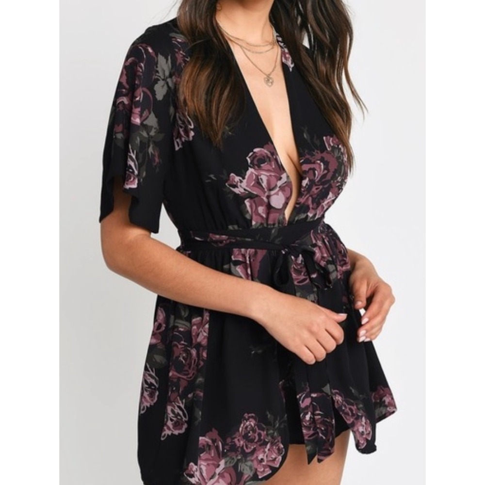 Tobi Womens‎ Lovely Roses Floral Romper Black Purple XS Festival Bohemian